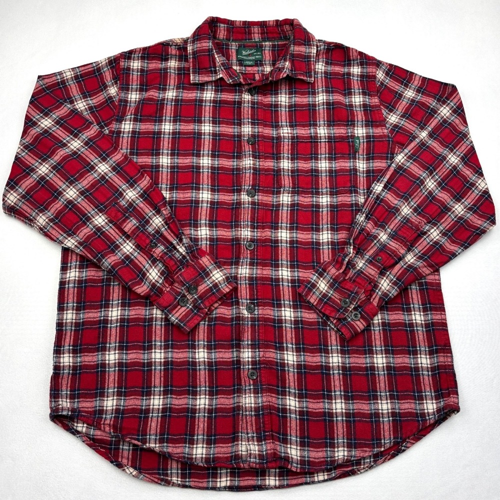Woolrich Shirt Mens Large Red Blue Plaid Heavyweight Flannel Button Down 247956